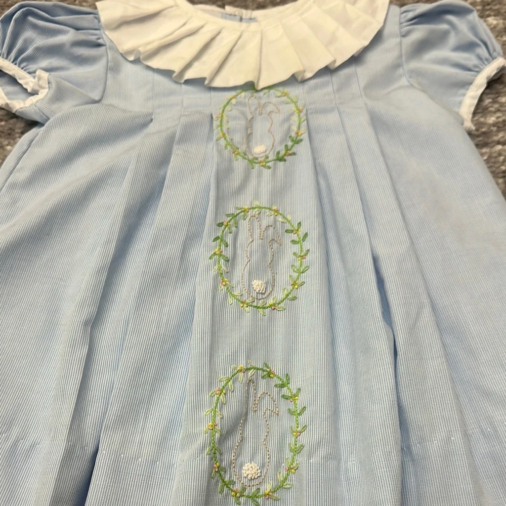 The Proper Peony Blue bunny embroidered dress with ruffle collar 12mo